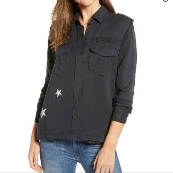 Rails Kato Black Tencel Star Print Long Sleeve Button Up Military Shirt Jacket - Picture 1 of 16